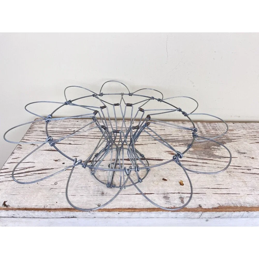Vintage French Pedestal Folding Wire Egg Basket / Serving Stand Rustic Cottage